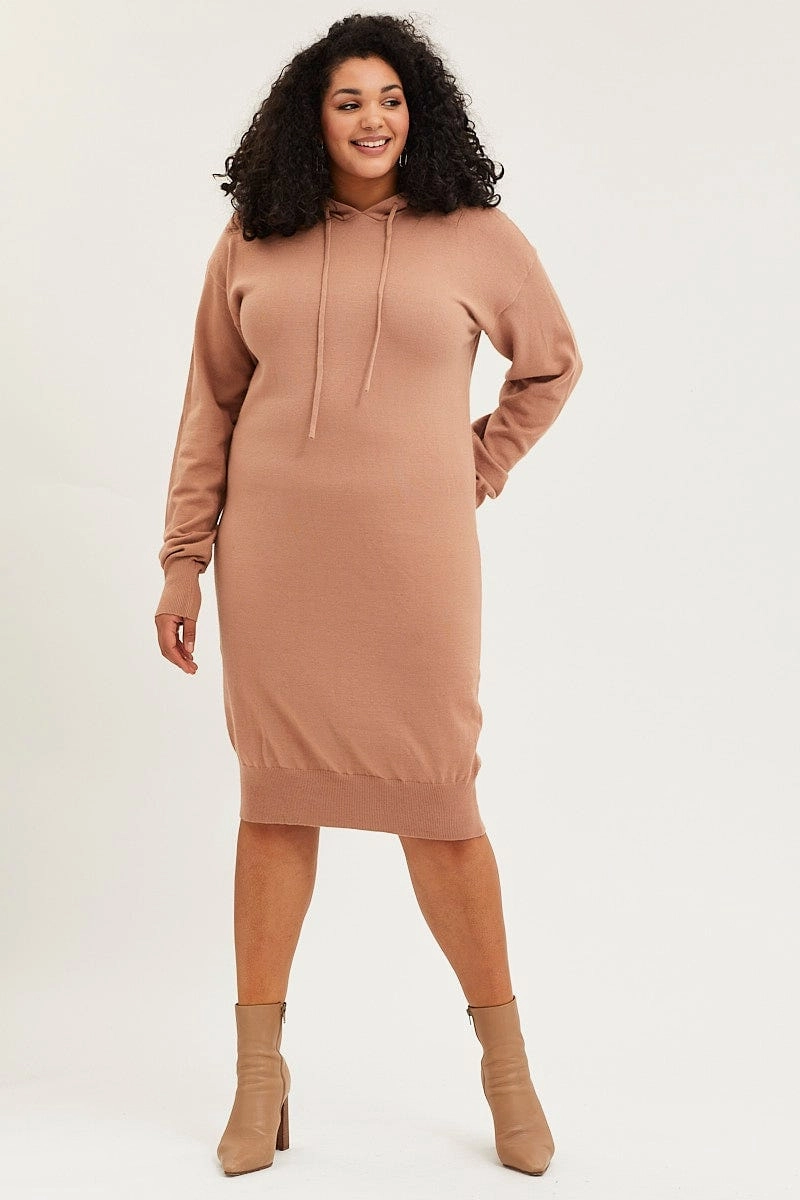 Clean Structure Brown Plus Long Sleeve Hoodie Knit Dress