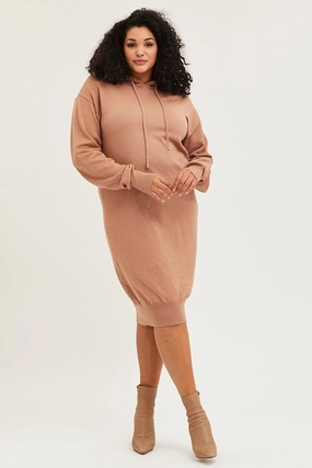 Brown Plus Long Sleeve Hoodie Knit Dress Wedding-Guest Comfy and Cozy