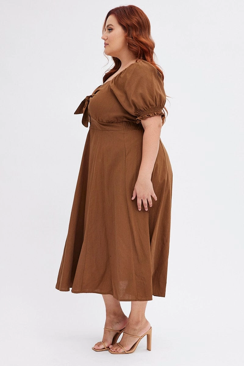 Brown Tie Front Button Midi Dress Light Cloud