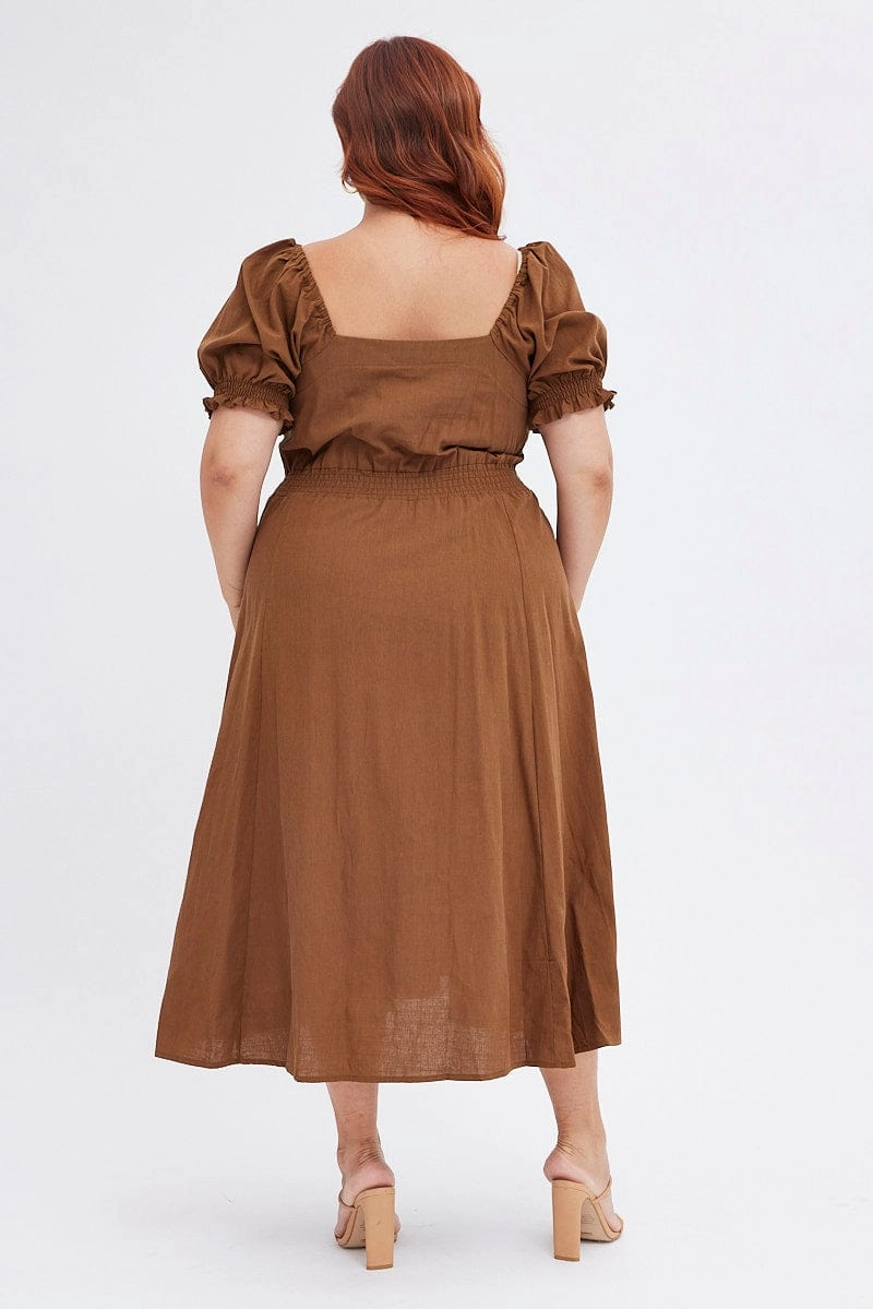 Brown Tie Front Button Midi Dress Perfect Day-to-Night Draped Layer