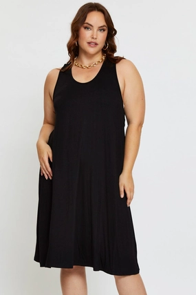 Calm Drape Black Smock Dress V-neck Sleeveless