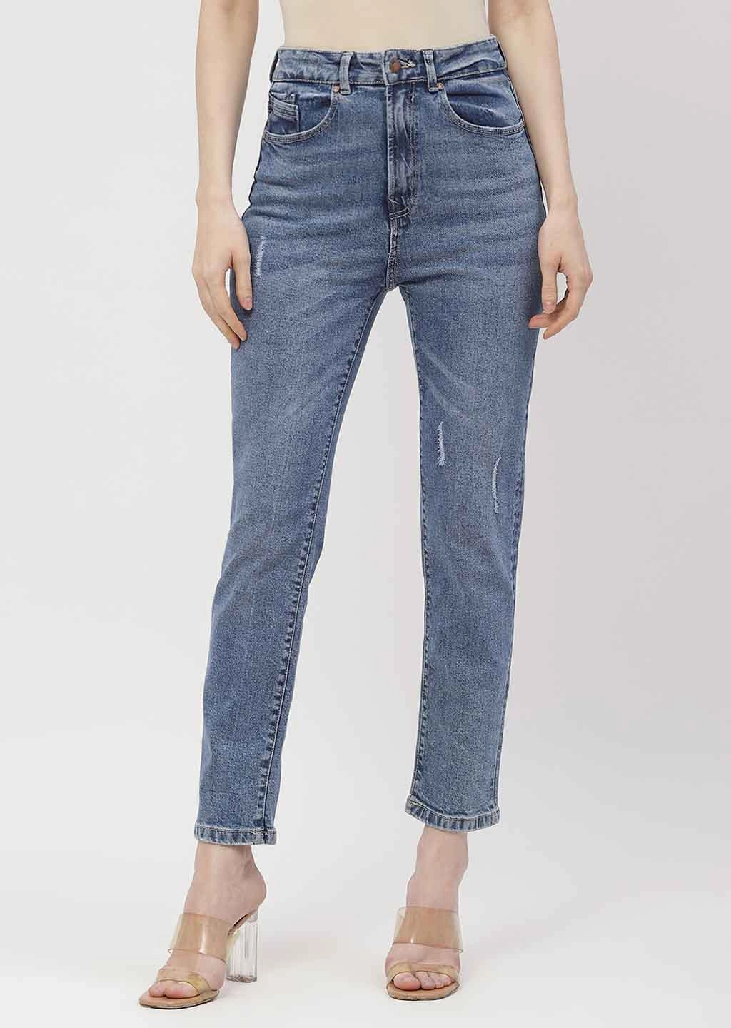 Relaxed Design Style Effortless Layer Madame Light Distressed Mid Blue Slim Fit Jeans