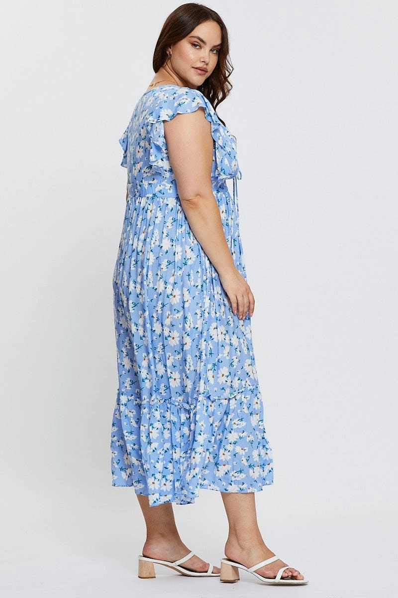 Smooth Tone City-Style Floral Print Maxi Dress V-neck Short Sleeve