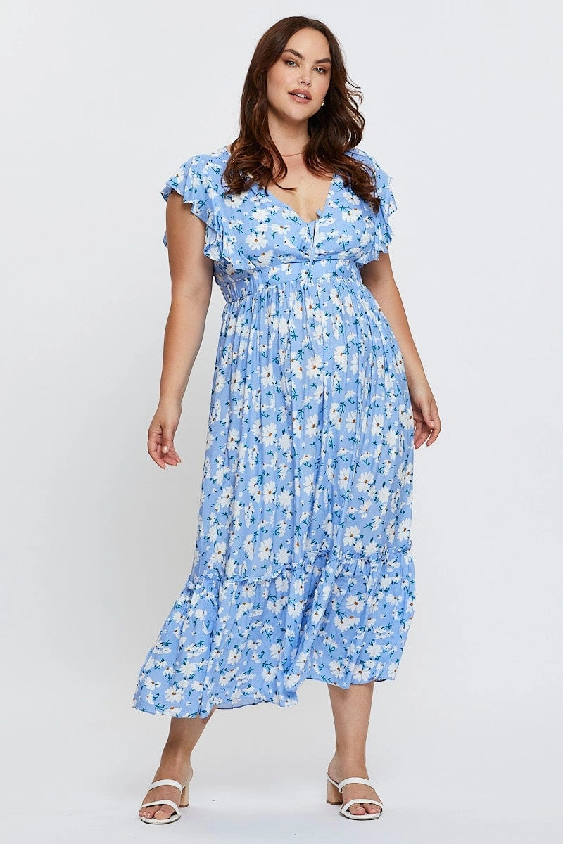 Floral Print Maxi Dress V-neck Short Sleeve Lightweight-Lining Empire Waist