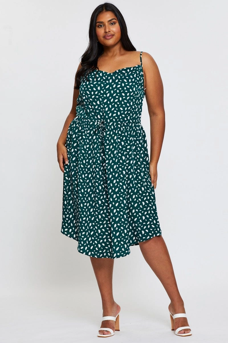 Flexible Layers Geo Print Midi Satin Dress Cowl Neck Sleeveless