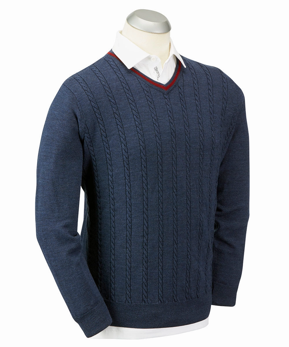 Garment Washed Cable-Front V-Neck Sweater
