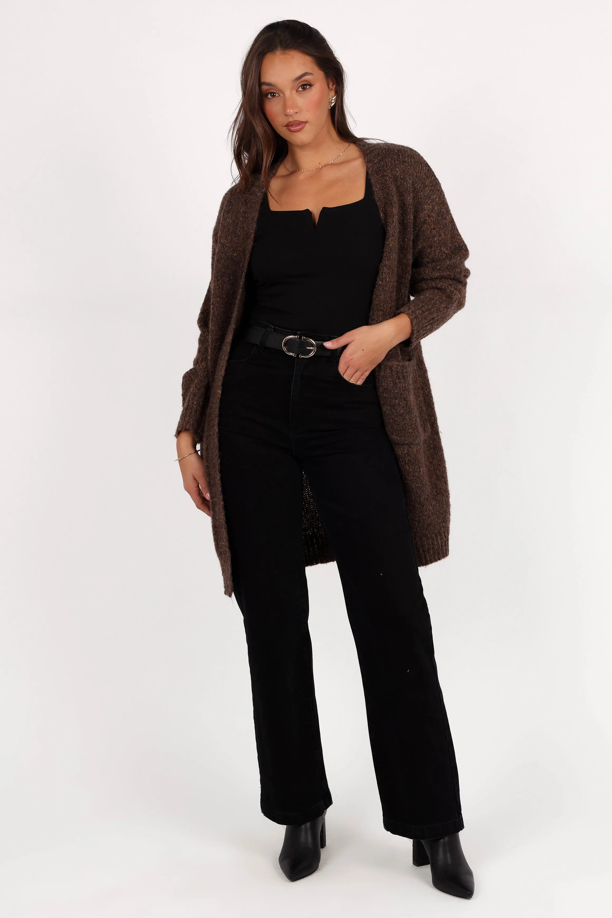 Callan Long Cardigan - Brown AntiStatic Yarn Chunky Cable Pattern