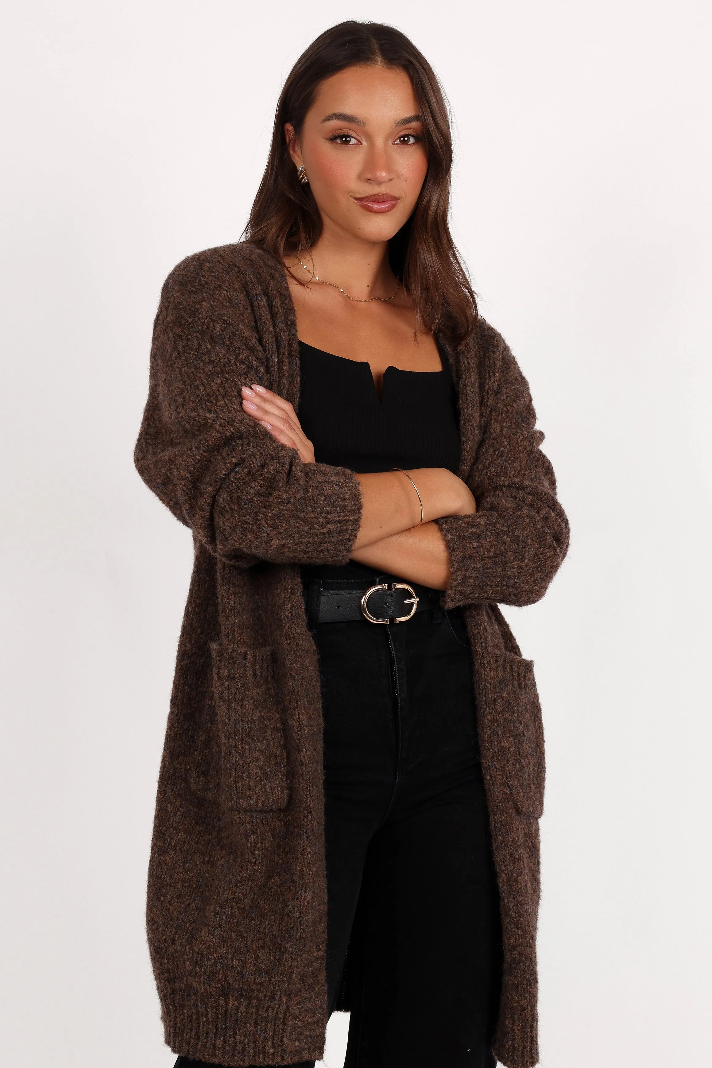 Callan Long Cardigan - Brown Layered Cuff Lightweight Form