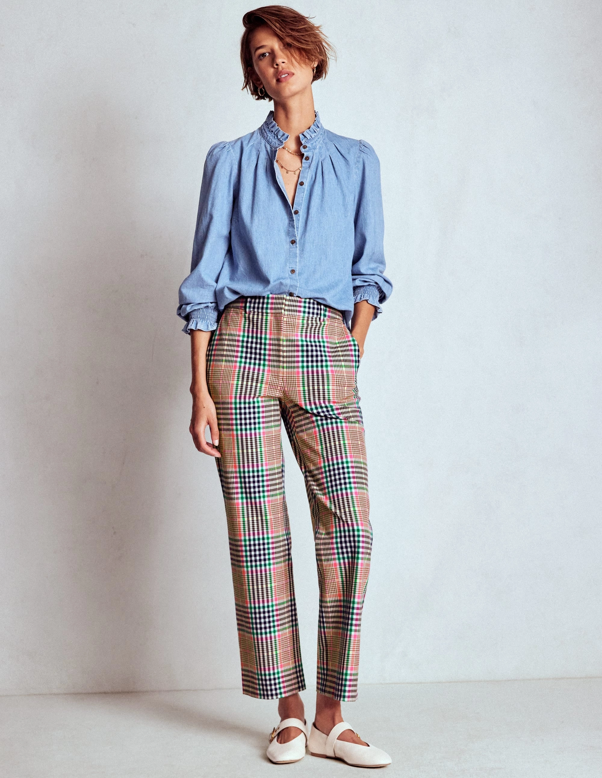Cozy and Soft Ripstop Texture Canonbury Tailored Trousers-Brown,Rose Pink and Navy Check