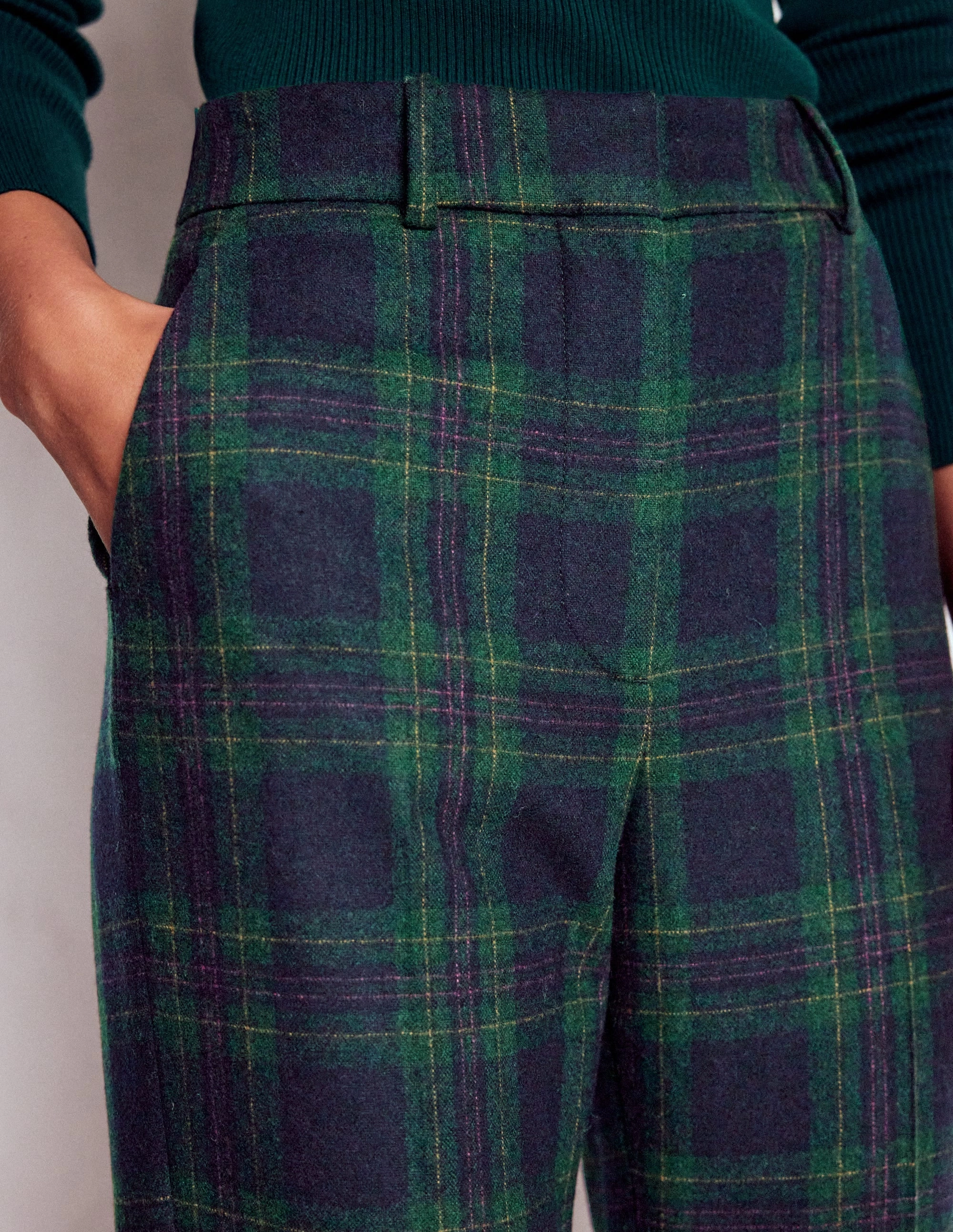Canonbury Wool Trousers-Navy and Green Tonal Check stain resistant coating Sleek Appearance