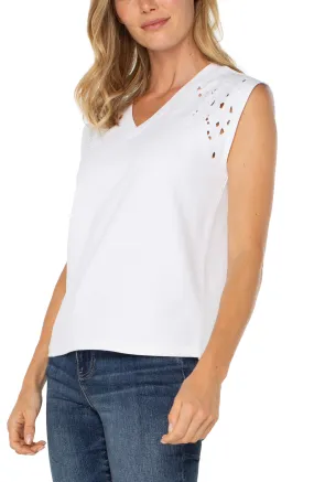 Cap Sleeve V-neck Top With Embroidery | White Classic - essential light layering