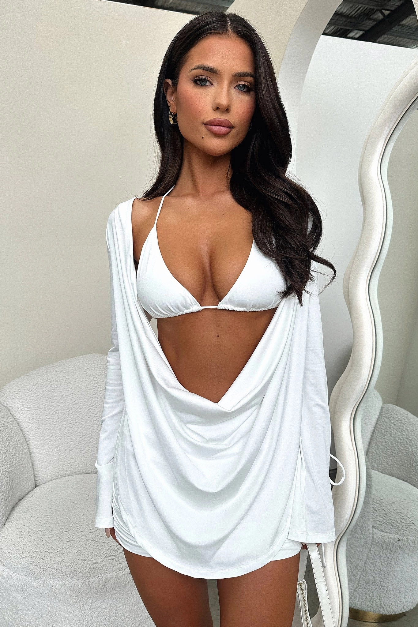 Lightweight-Feel Cardi Top and Bikini - White