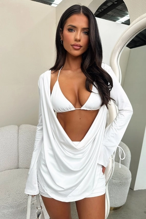 Quick Dry Fabric Coastal-Style Cardi Top and Bikini - White