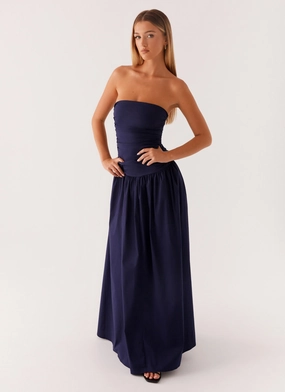 StretchableKnit Luxurious Texture Carmel Maxi Dress - Navy