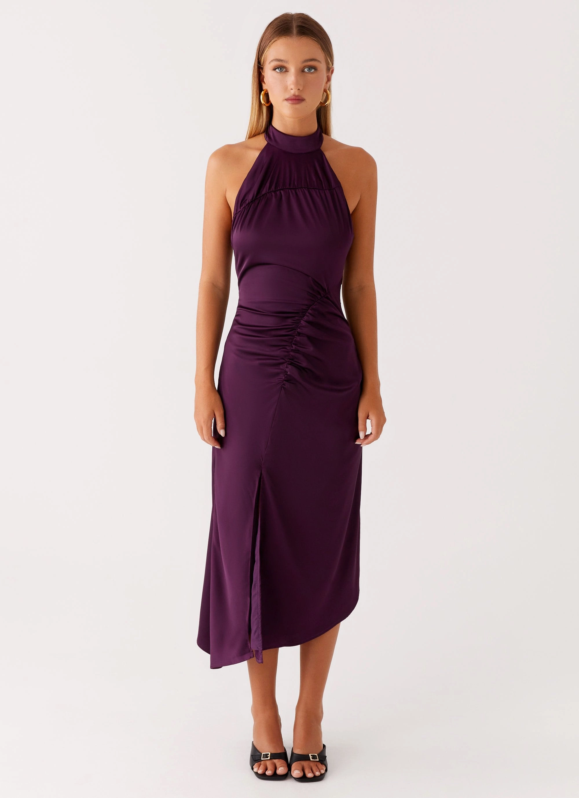 Raw-Hem Vintage-Inspired Casta Halterneck Midi Dress - Plum