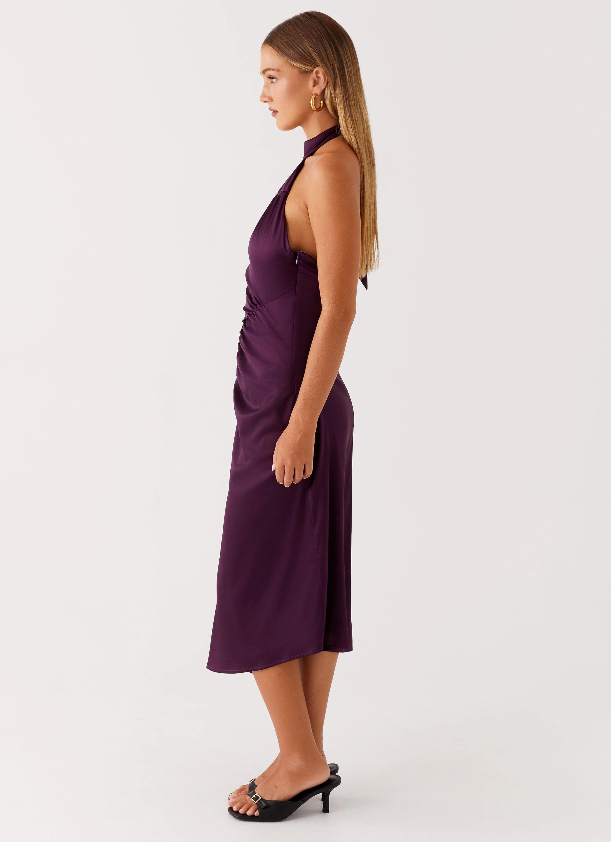 Casta Halterneck Midi Dress - Plum Pop Texture Belt Waist
