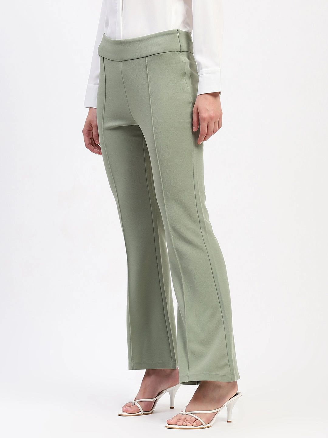 Flattering Cut Double Layered Hem Madame Pleated Elasticated Waist Solid Mint Trousers