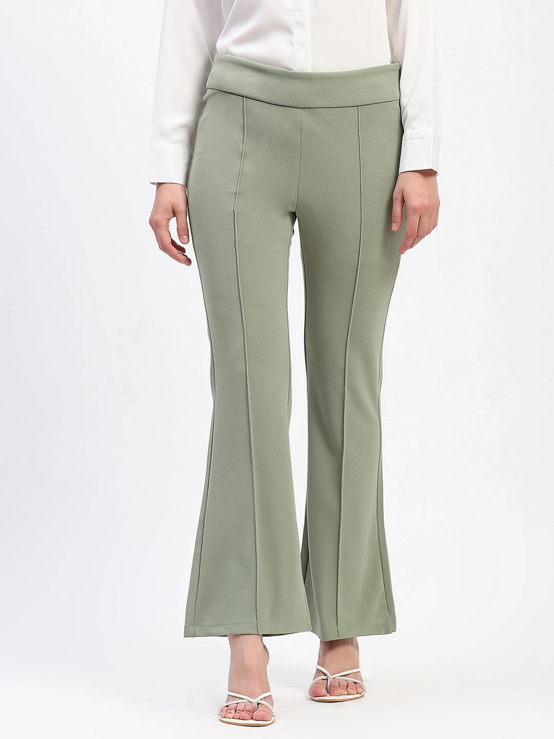 Madame Pleated Elasticated Waist Solid Mint Trousers Wrinkle Resistant Finish Casual Style