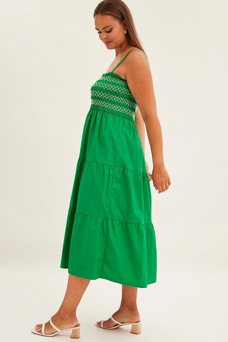 Green Strap Tiered Maxi Dress Smocked Fashionable Layers