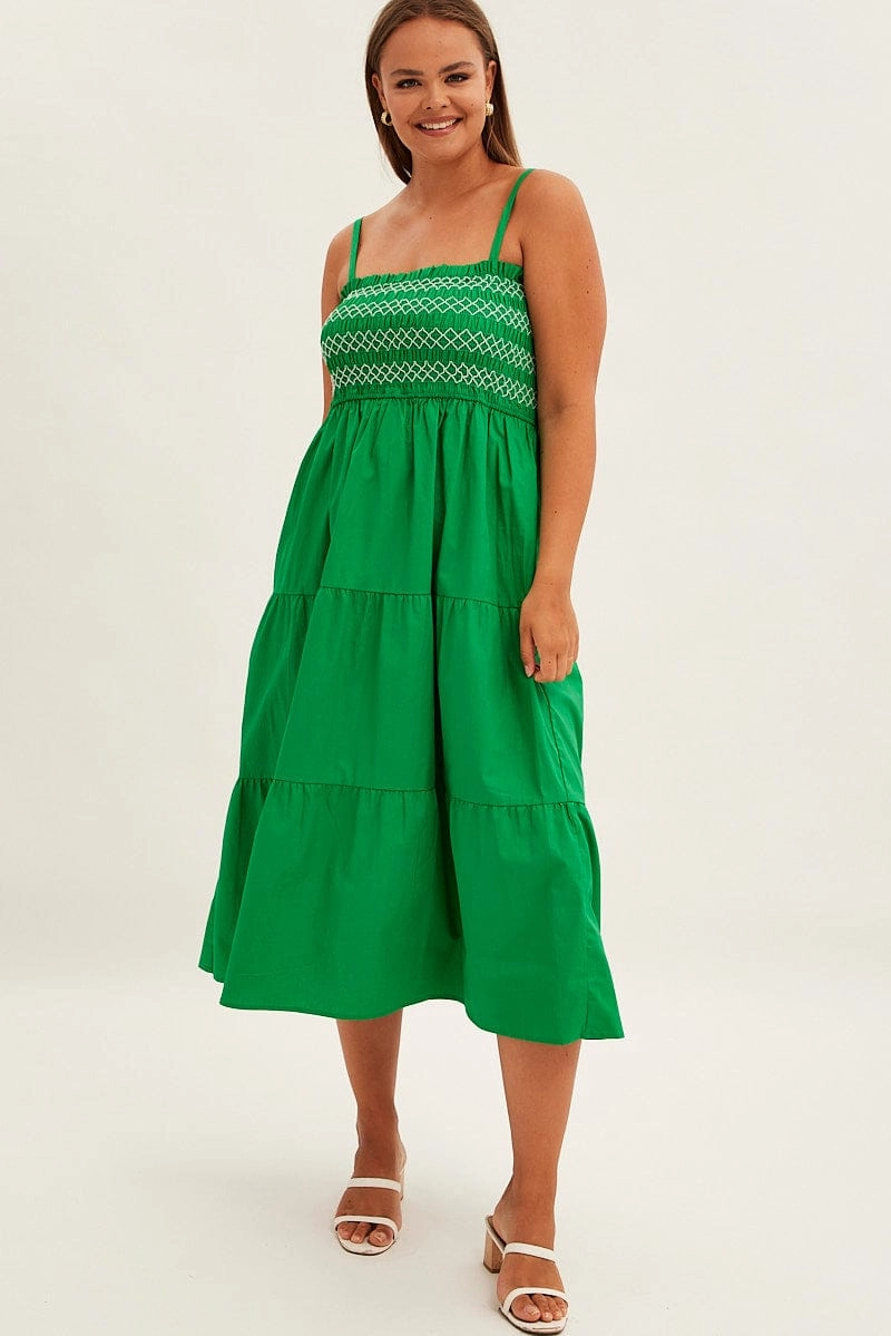 Green Strap Tiered Maxi Dress Smocked Trendy Silhouette Relaxed Line