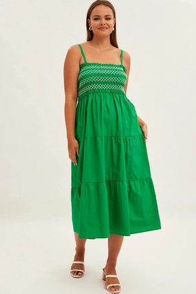 Green Strap Tiered Maxi Dress Smocked Calm Energy DurableStitching