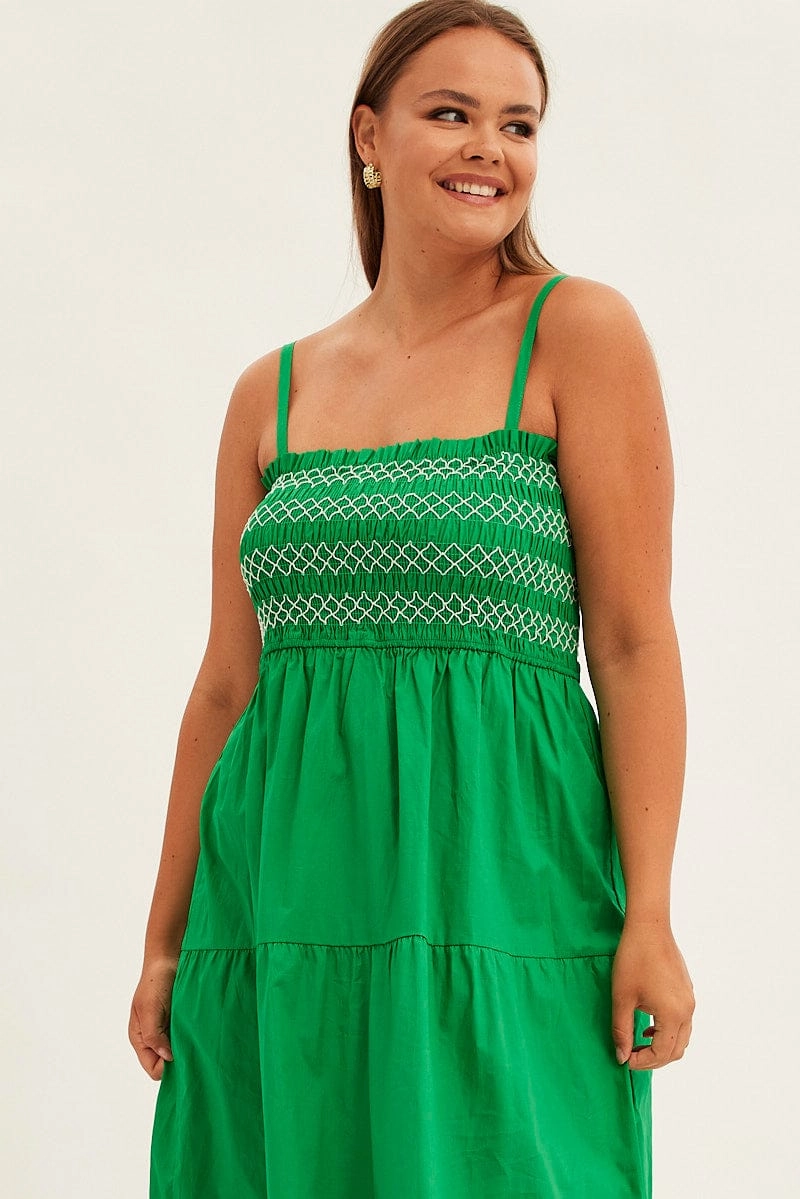 Green Strap Tiered Maxi Dress Smocked Natural Light