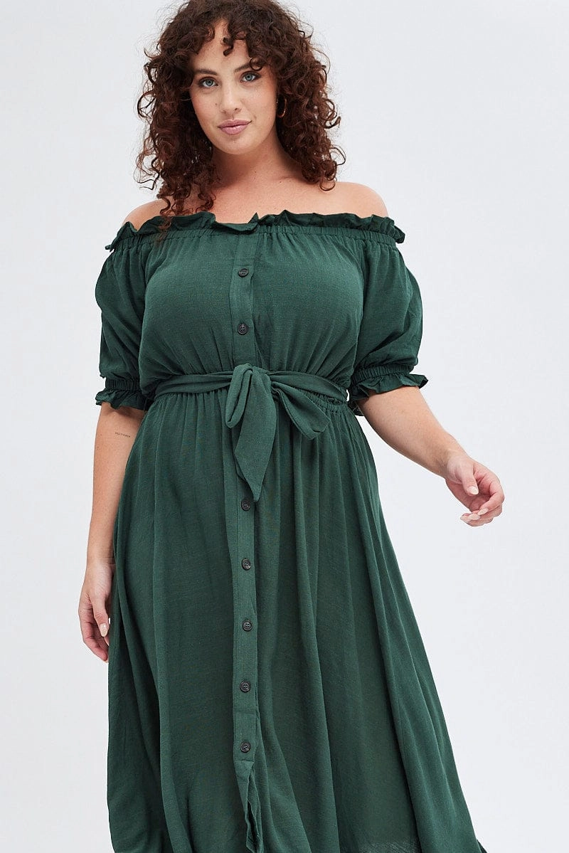 Green Short Sleeve Linen Button Midi Dress AntiFrayEdging Daily Go