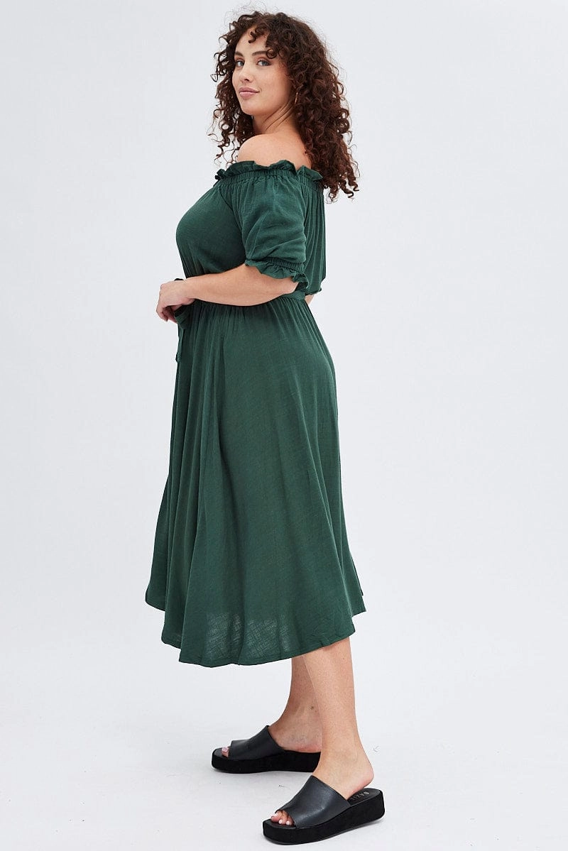 Sweetheart Cut Flattering Shape Wear Green Short Sleeve Linen Button Midi Dress