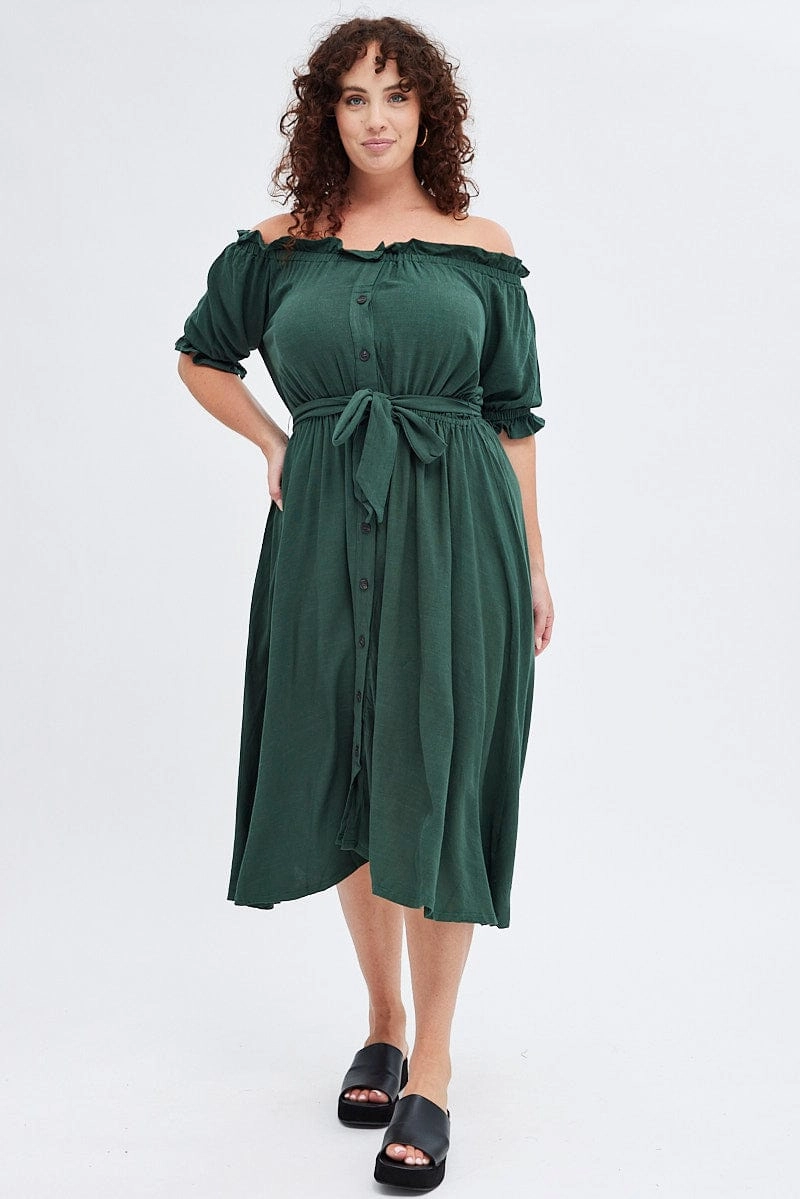 Easy Layers Romantic dinner wear Green Short Sleeve Linen Button Midi Dress