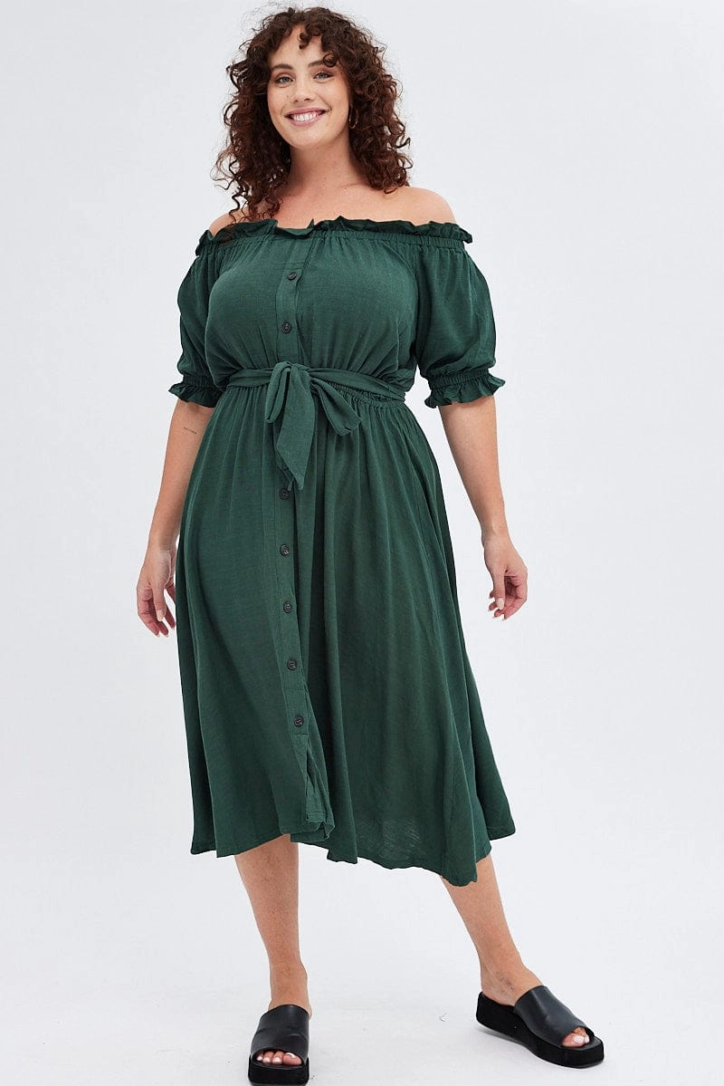 Classic Layering Minimal Touch Green Short Sleeve Linen Button Midi Dress