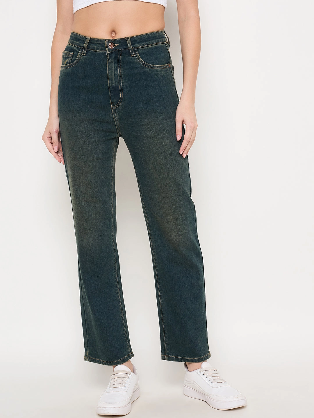 Madame Green Tinted Stone Wash Cotton Blend Denim Jeans Button Fly Closure