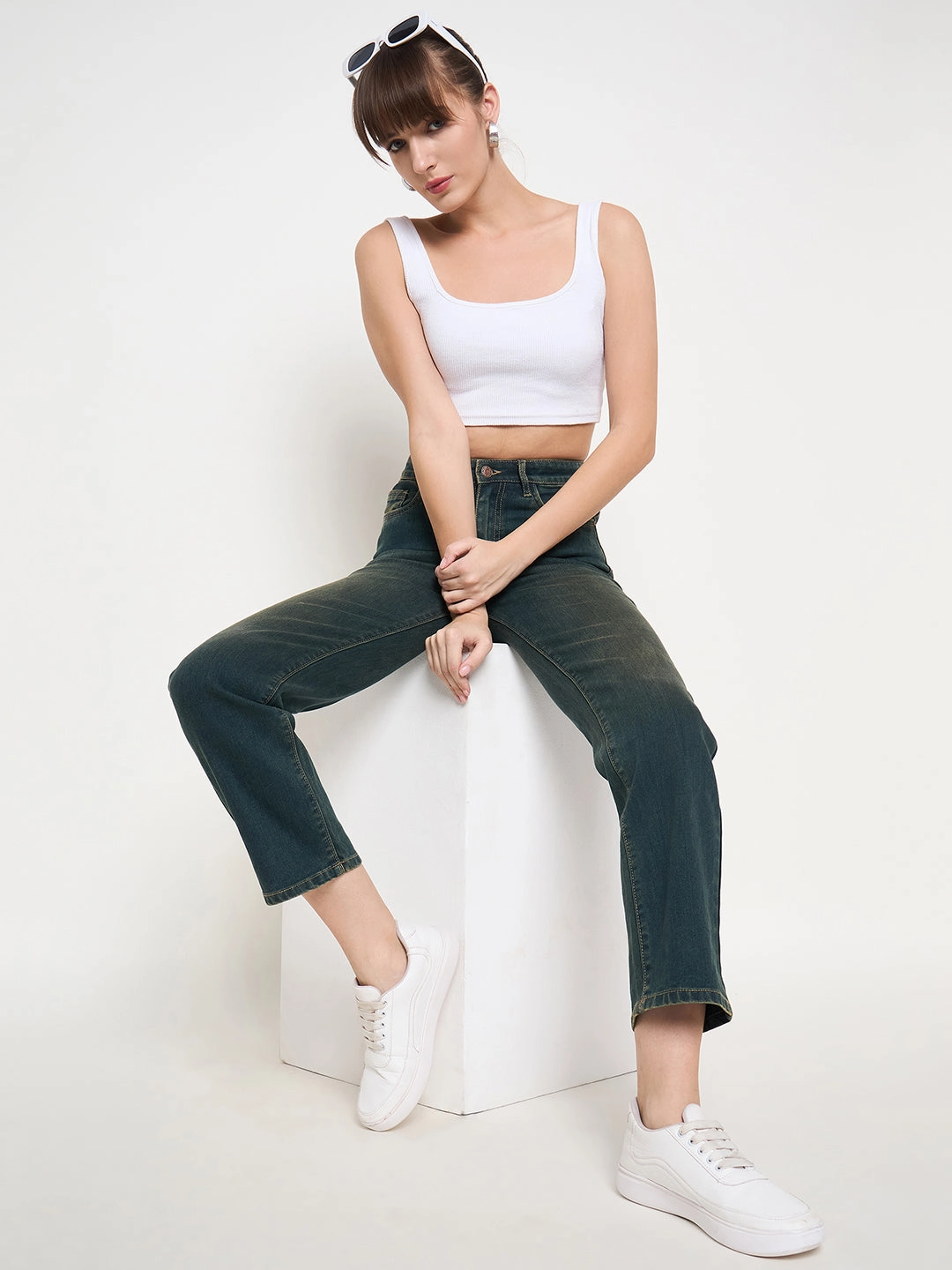 Madame Green Tinted Stone Wash Cotton Blend Denim Jeans City Walk Weekend Warrior Core Look