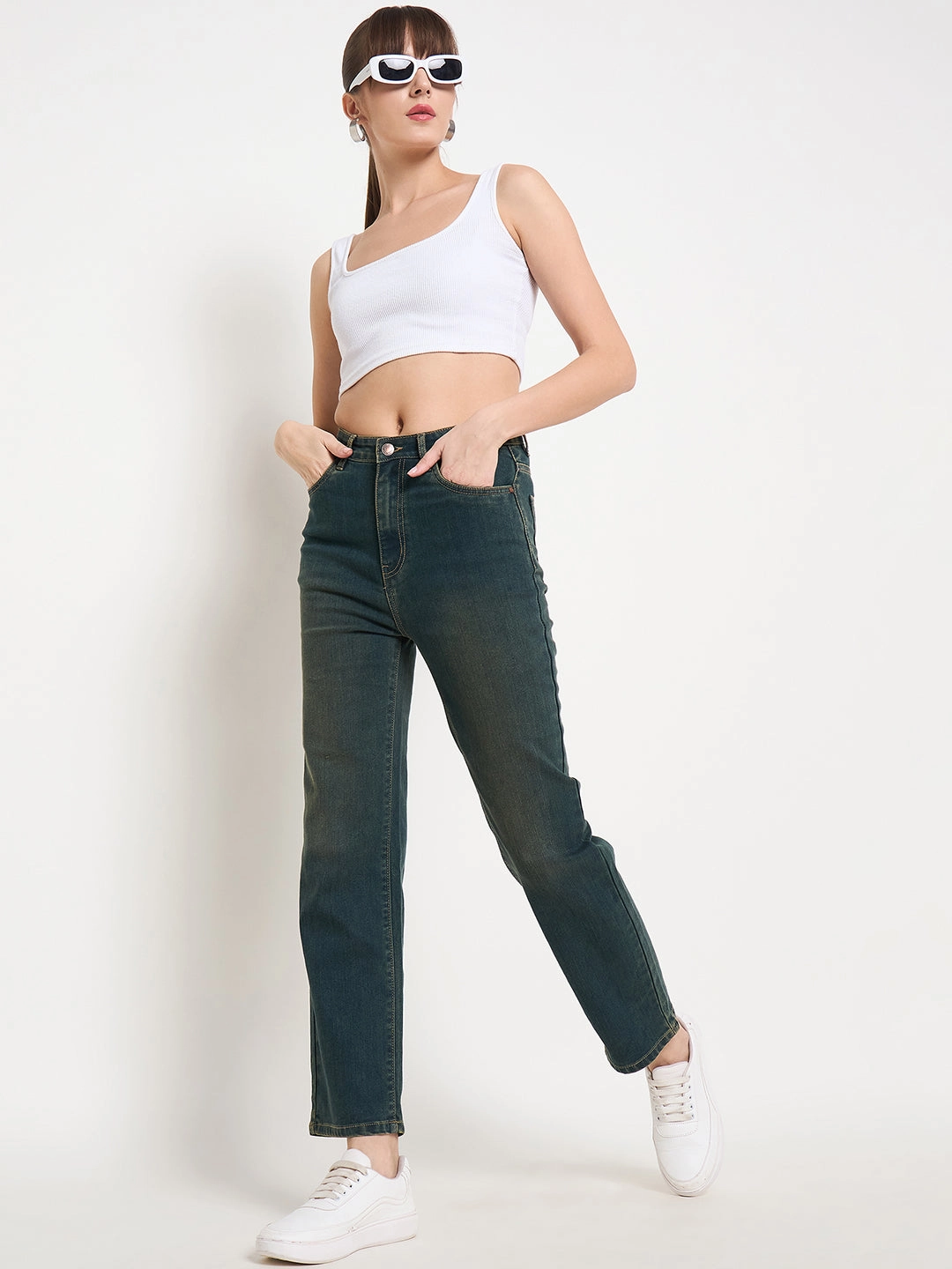 Madame Green Tinted Stone Wash Cotton Blend Denim Jeans Light Fabric Earthy Streetwear Fan Nature Lover