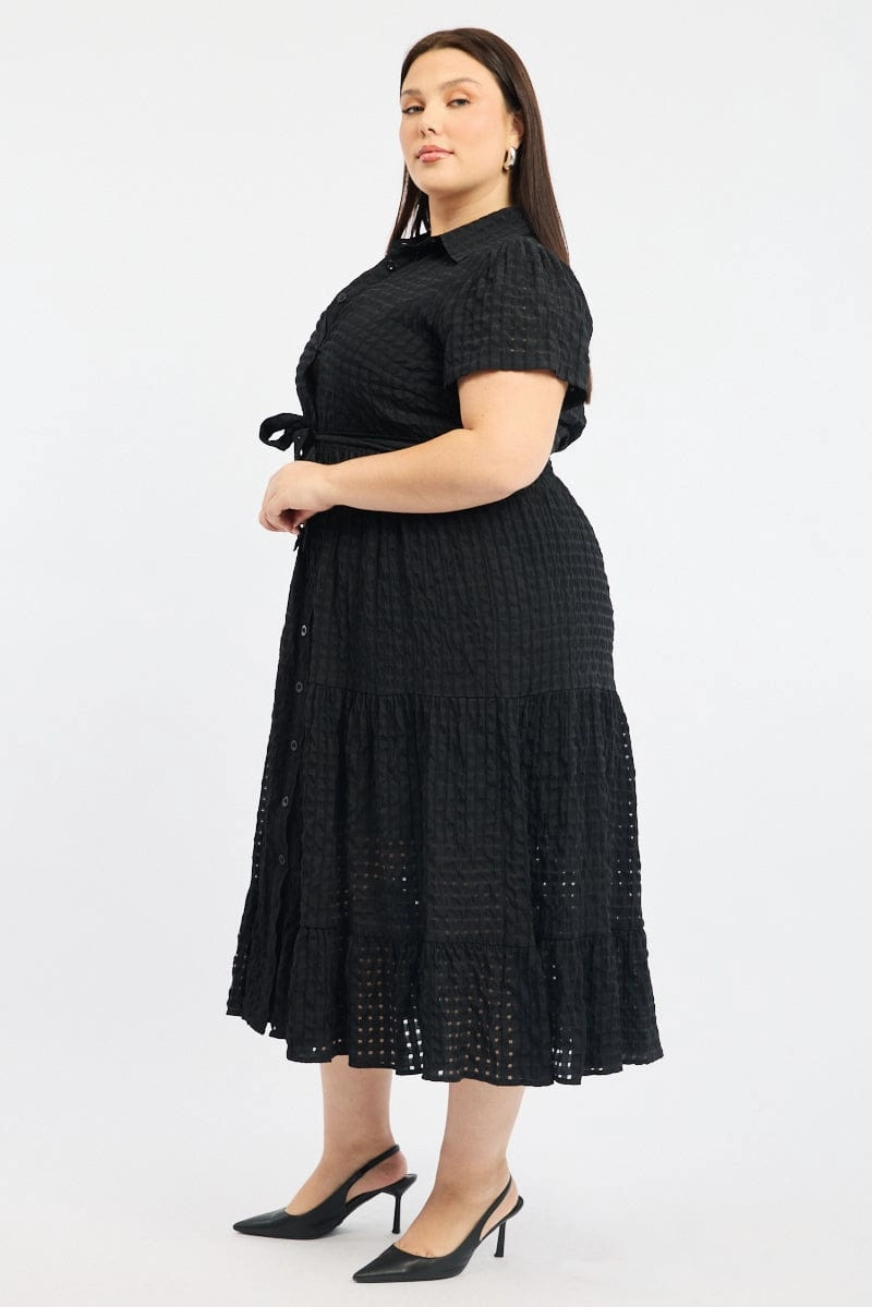 Black Shirt Dress Short Sleeve Tiered Self Check Elegant Line