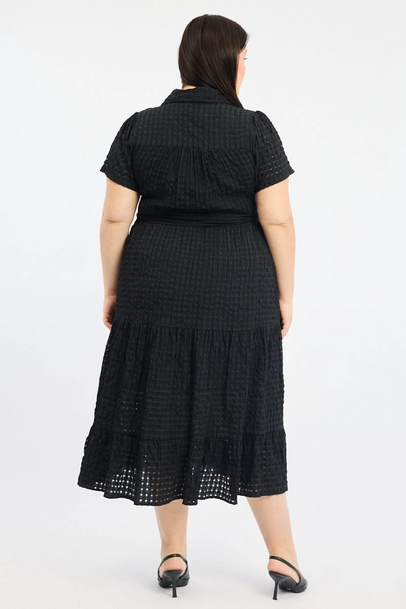 Black Shirt Dress Short Sleeve Tiered Self Check Skirt Flare Feminine Movement