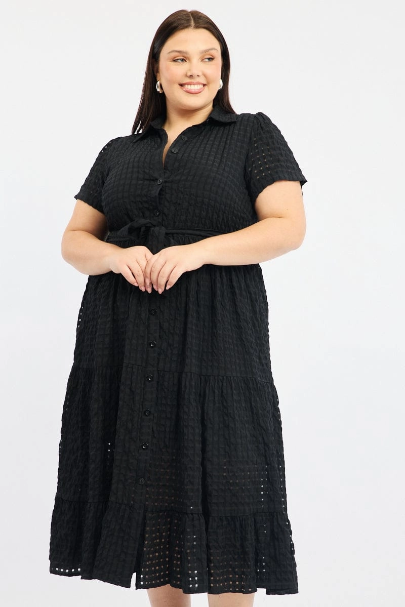 Wide Swing Black Shirt Dress Short Sleeve Tiered Self Check