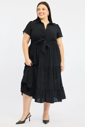 Black Shirt Dress Short Sleeve Tiered Self Check Silky-Lining