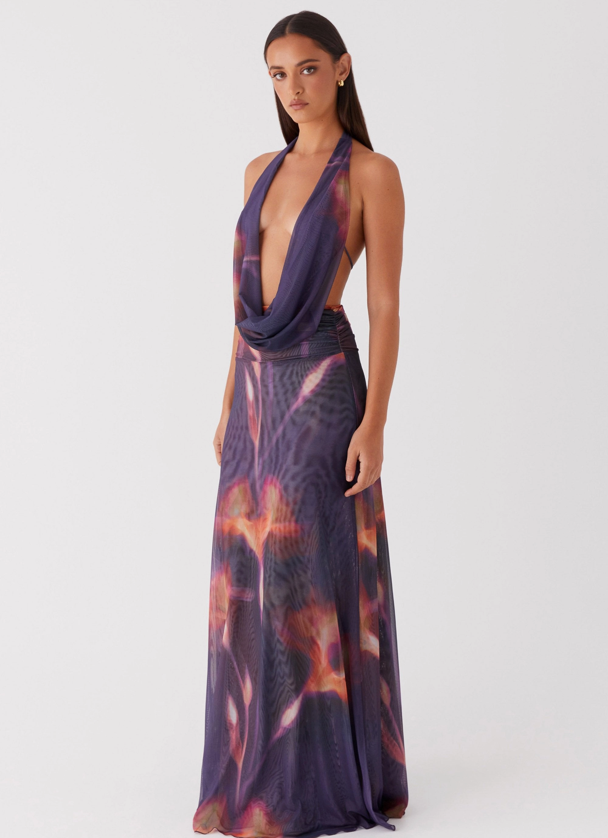 Elysia Mesh Maxi Dress - Midnight Bloom Stylish Waistband Design Elegant Touch