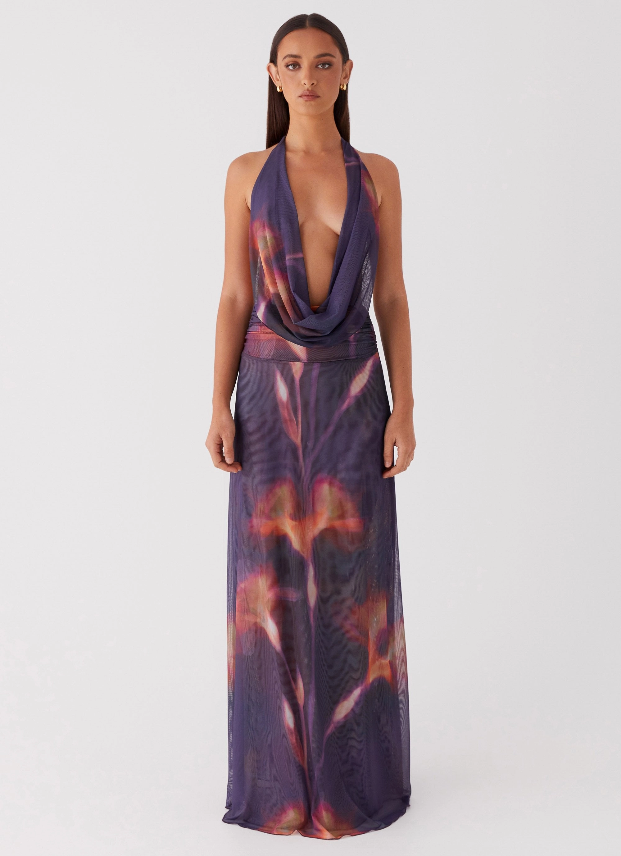 Dropped-Waist Comfortable Design Elysia Mesh Maxi Dress - Midnight Bloom