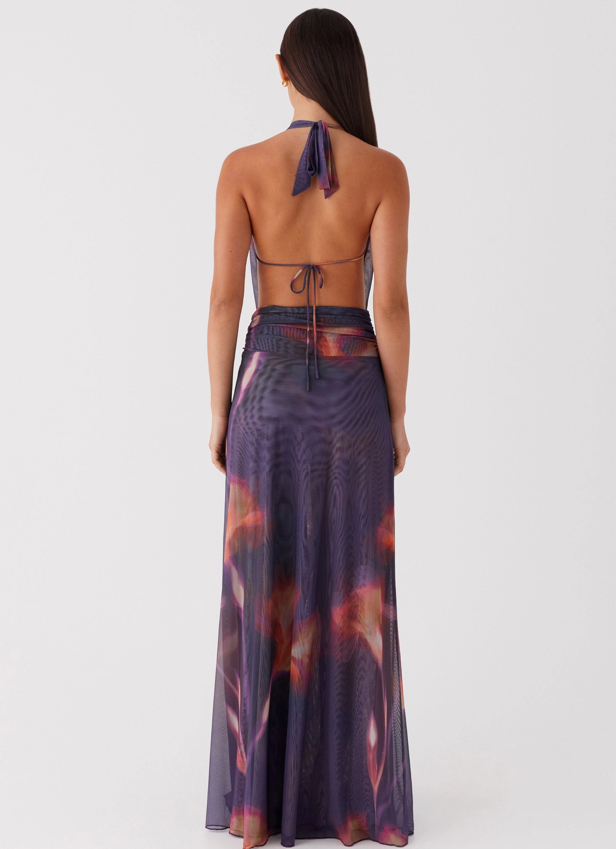 Elysia Mesh Maxi Dress - Midnight Bloom Flawless Waistband Fit Halter neck