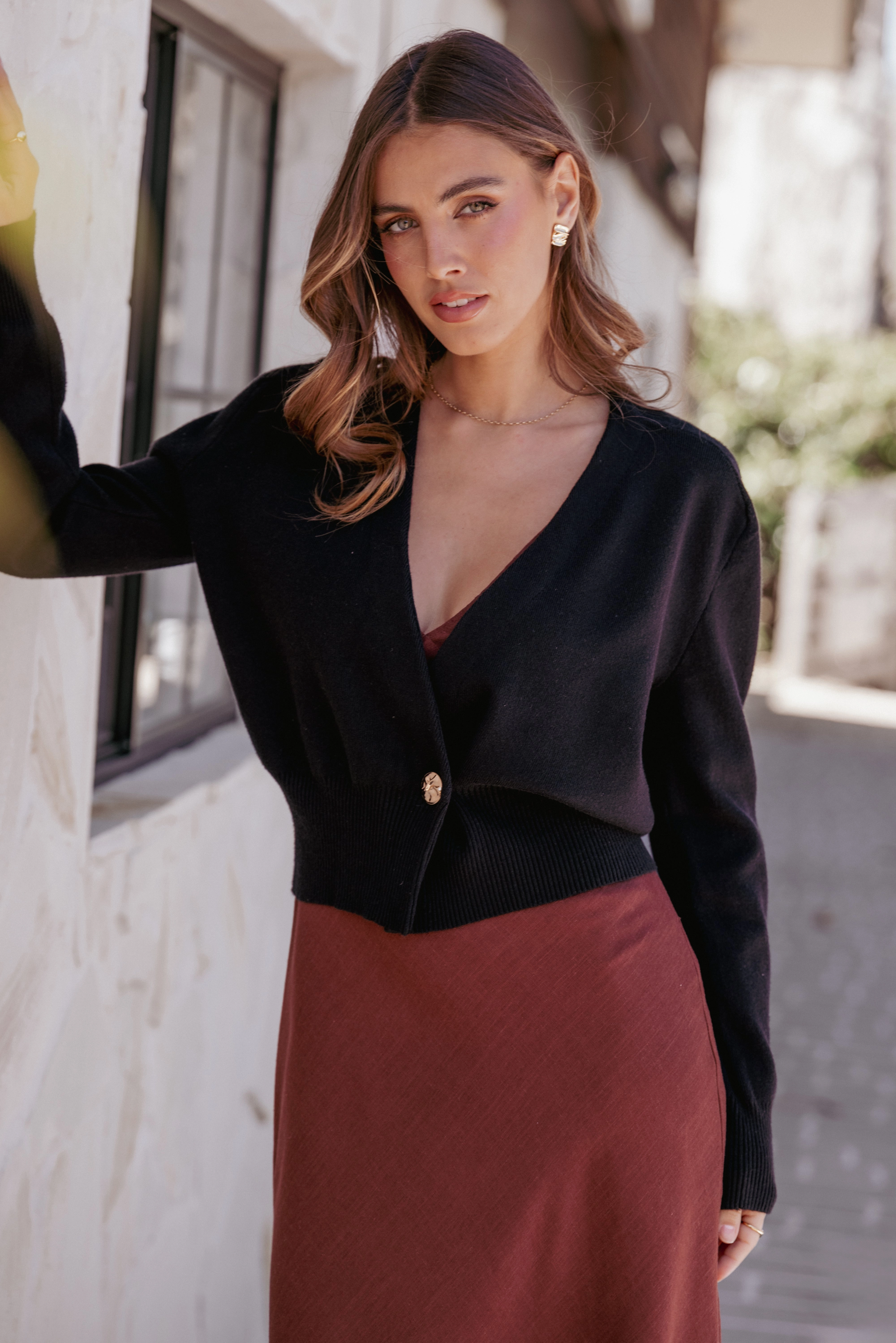 Caterina Button Cardigan - Black Plush Inner Lining Textured Surface