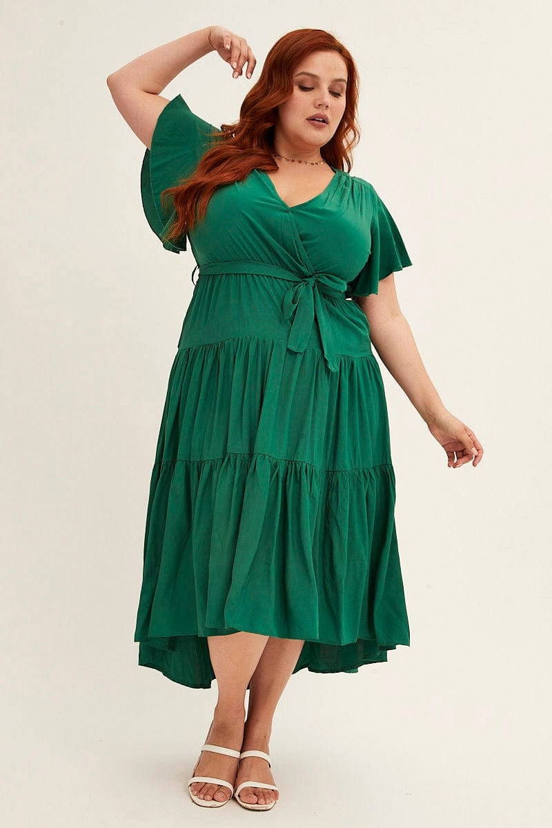 Green Midi Dress V-neck Tie Printed-Fabric BiasCutSilhouette