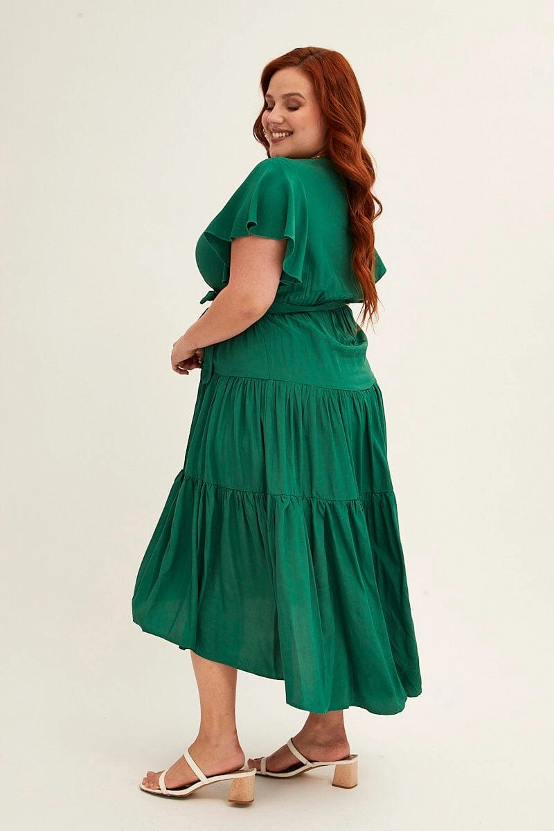 Green Midi Dress V-neck Tie Elegant Fabric