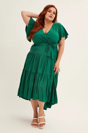 Green Midi Dress V-neck Tie Comfy Look