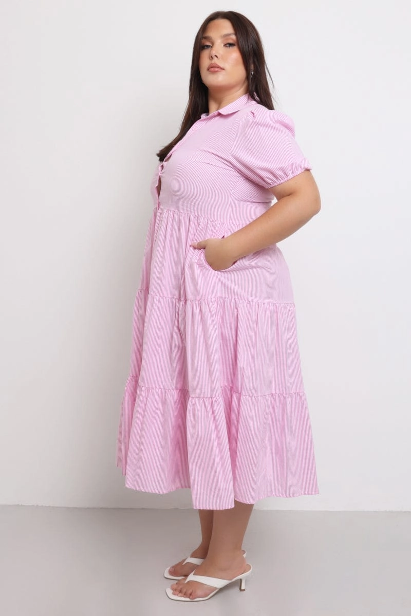BiasCutSilhouette Chic Comfort Look Pink Stripe Shirt Dress Short Sleeve Tiered