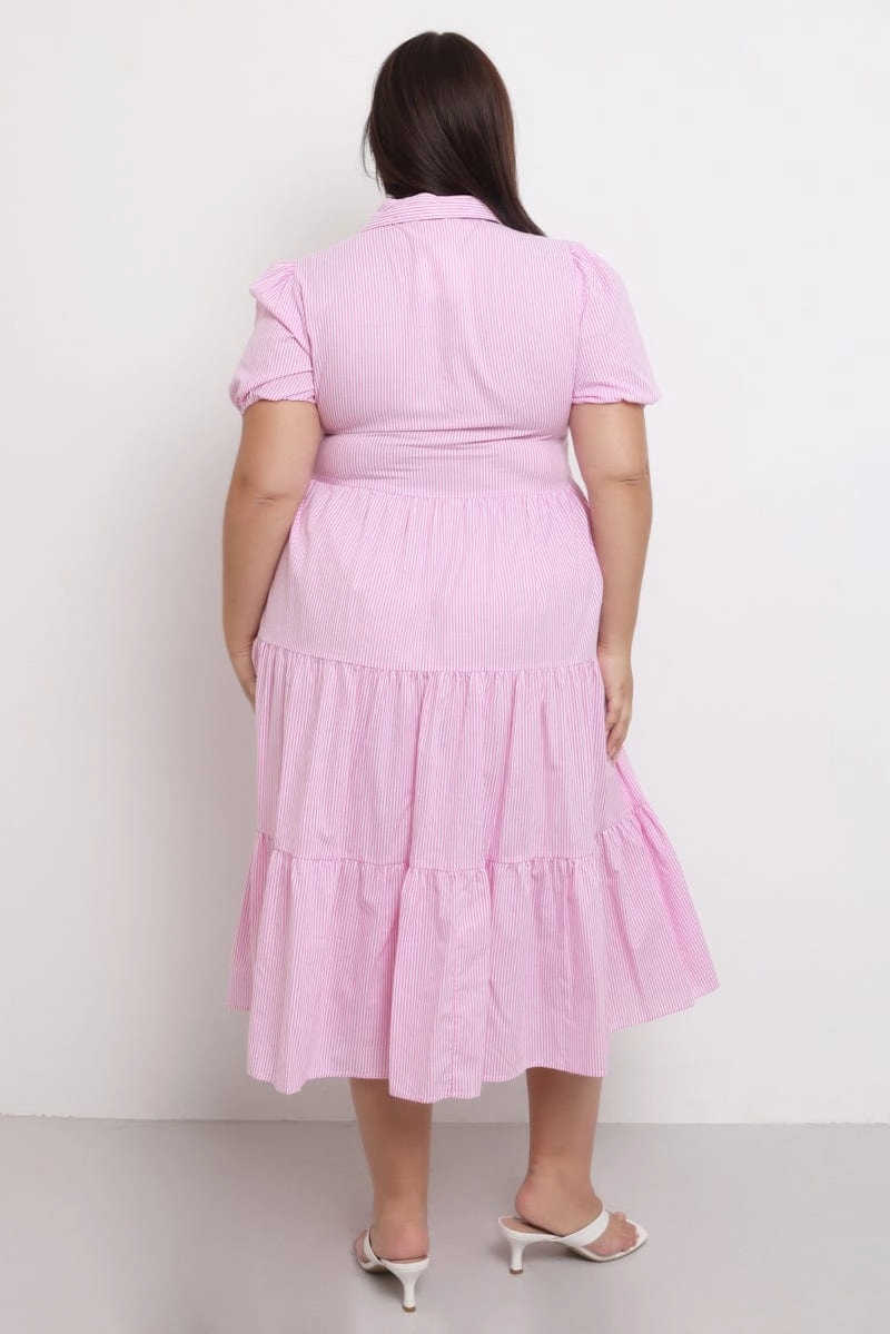Guest Shine Pink Stripe Shirt Dress Short Sleeve Tiered