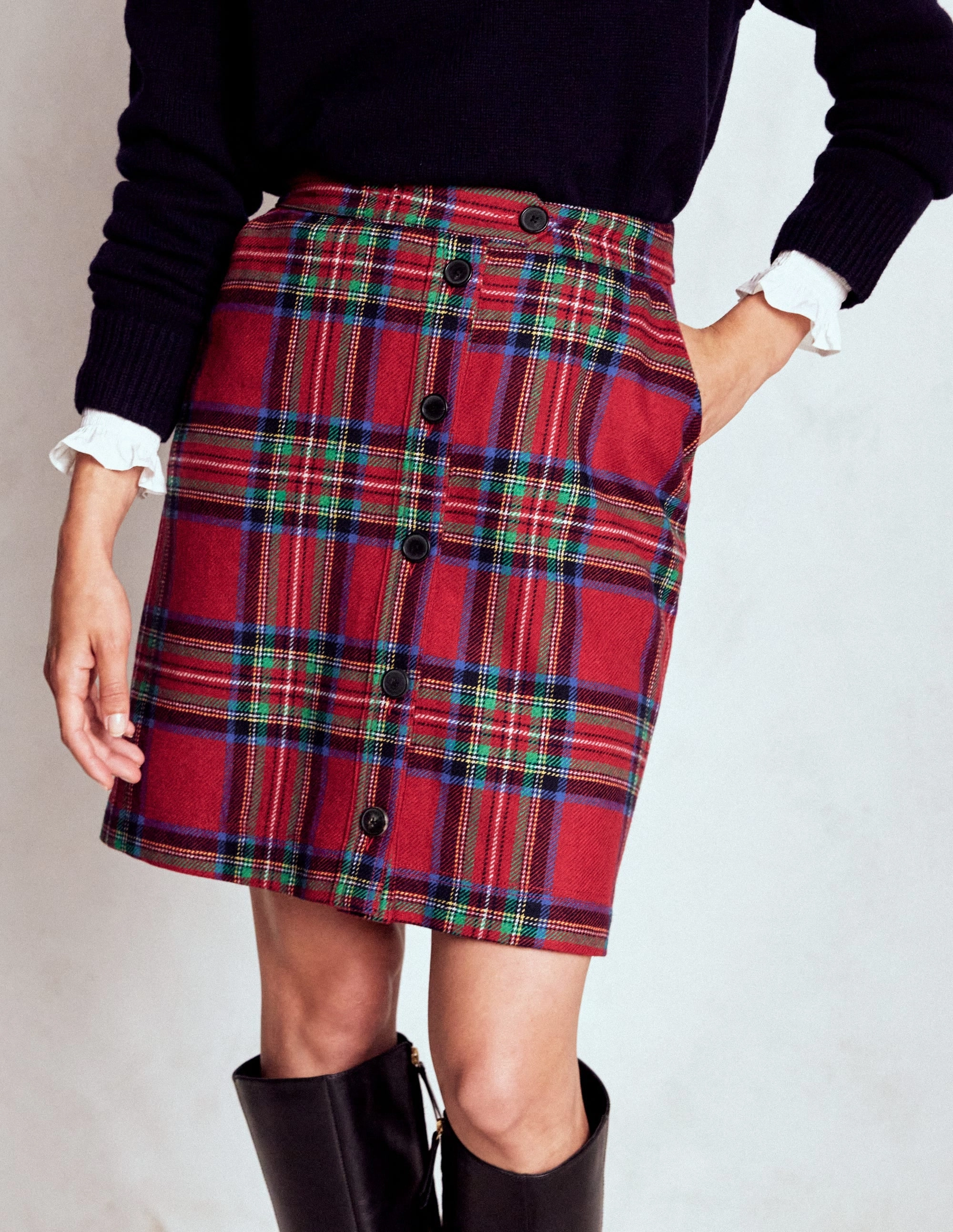 Cecelia Wool Skirt-Red, Blue and Green Check Leather Look Synthetic Blend