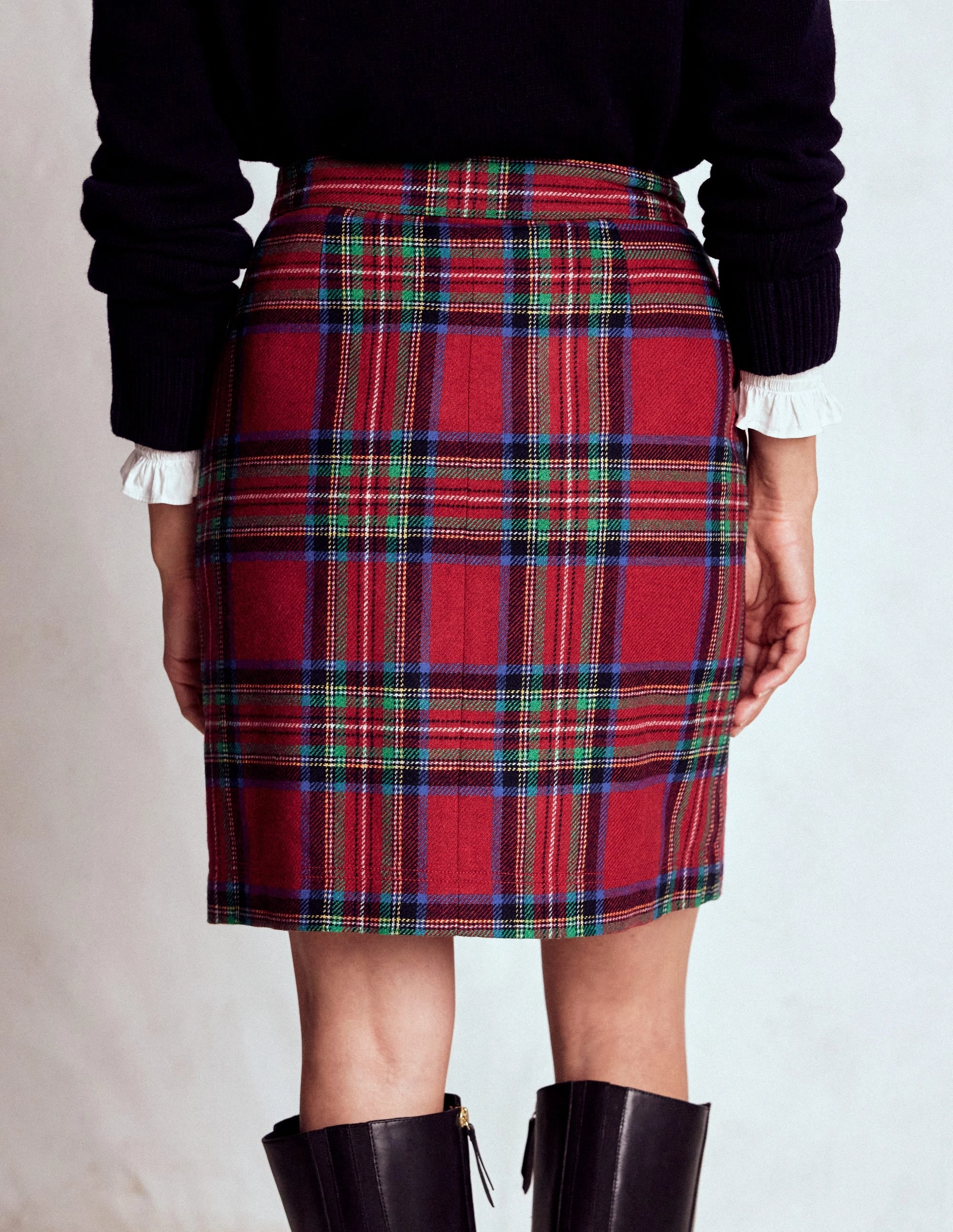 Outfit Lineup Twist Front Design Cecelia Wool Skirt-Red, Blue and Green Check
