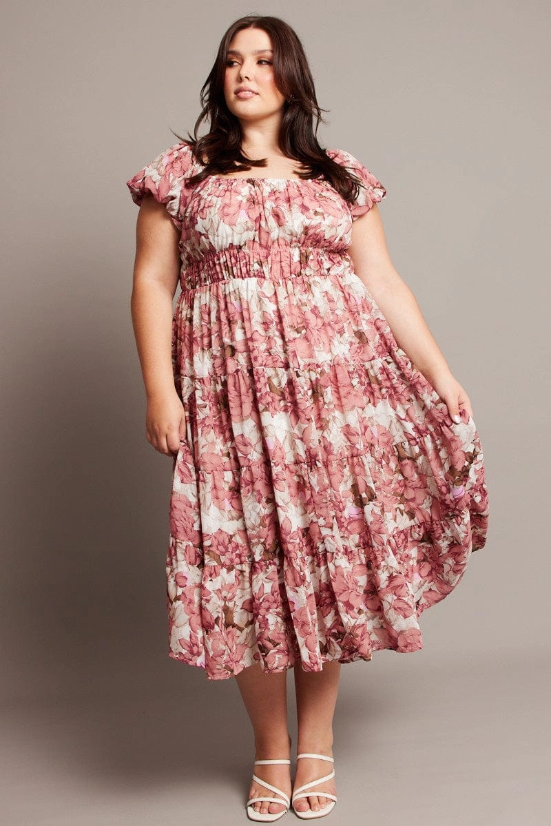 Chic Wear Pink Floral Midi Dress Short Sleeve Ruched