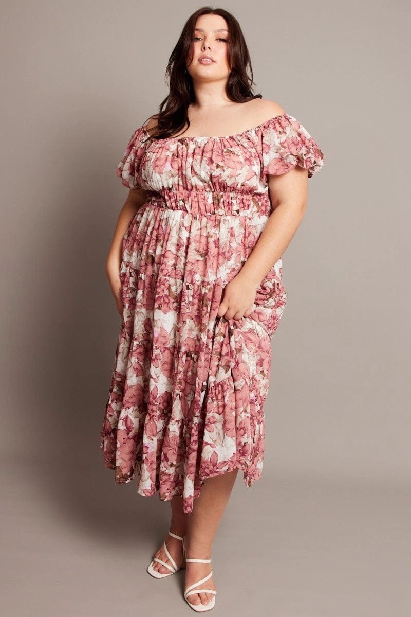 Smart Pairing Pink Floral Midi Dress Short Sleeve Ruched